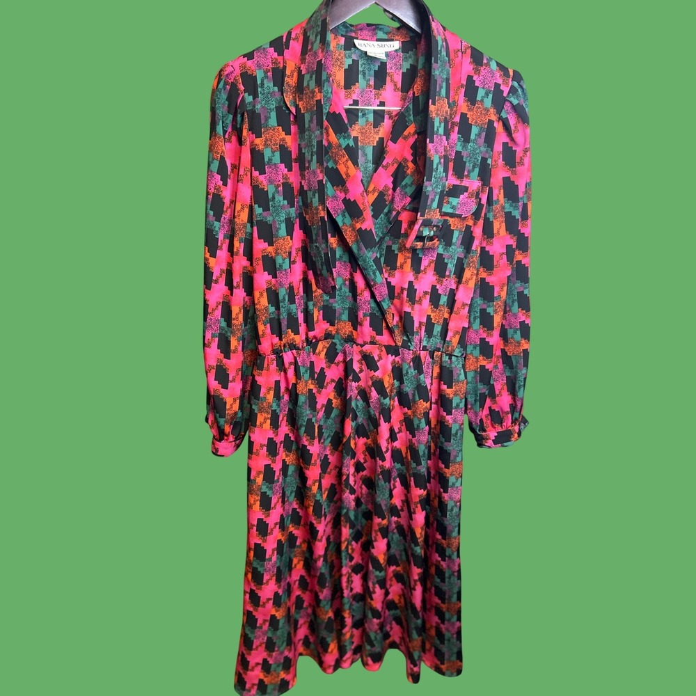 Hana Sung Dress Womens 10 Pink Green Geometric Vintage 80s Belted Midi Retro